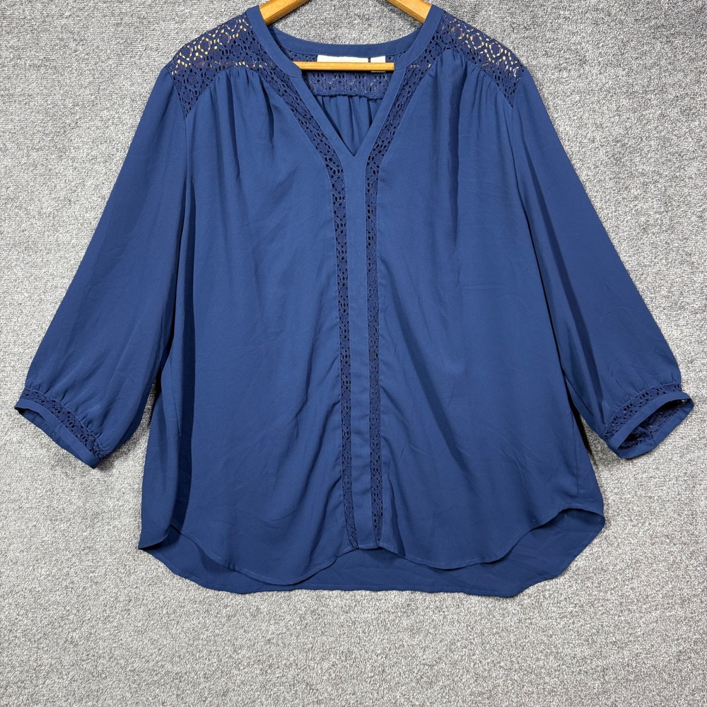 Sejour‎ Blouse Womens 1X Navy Blue Crochet Lace Trim V-Neck